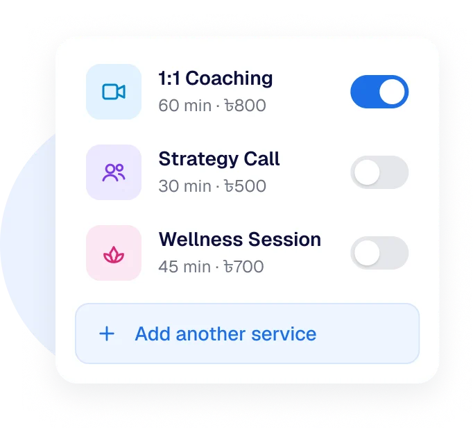 Service list with 1:1 Coaching, Strategy Call and Wellness Session