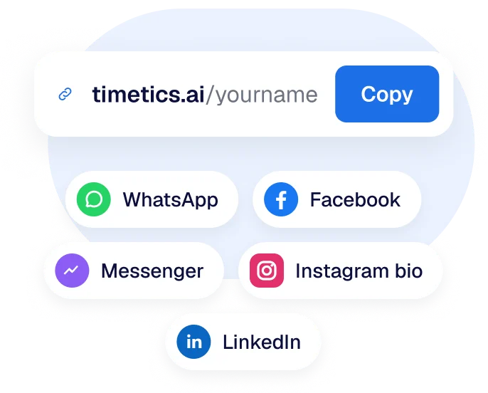 Booking link shared on WhatsApp, Facebook, Messenger, Instagram and LinkedIn