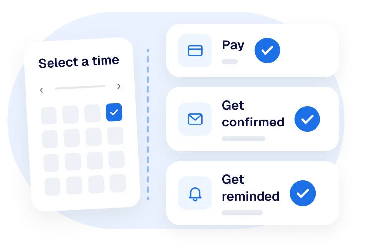 Client picks a time, pays, gets confirmed and reminded