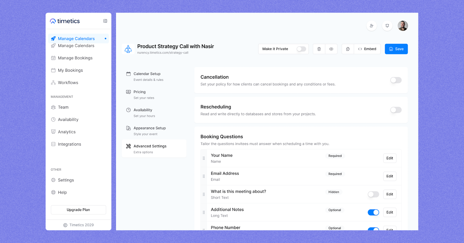 Customizable booking for a personalized scheduling experience